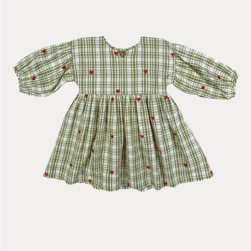 Pink Chicken Green Plaid Dress with Red Hearts